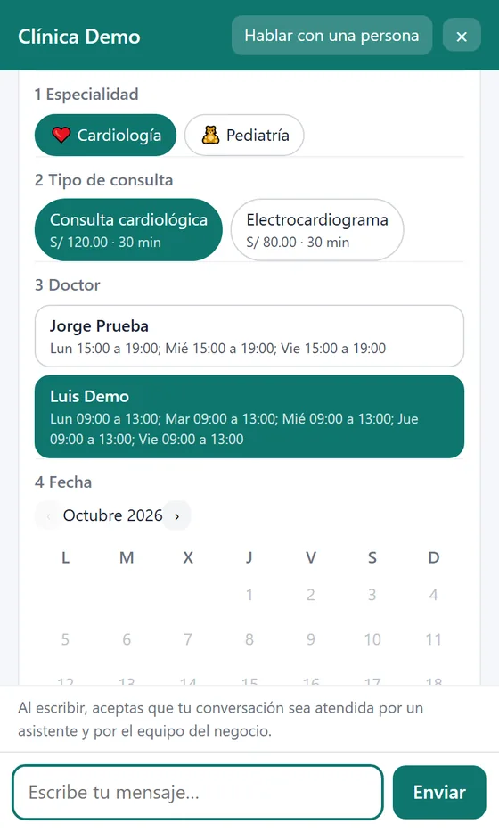 Chat web de una clínica en el celular: el paciente elige especialidad, tipo de consulta con precio y doctor