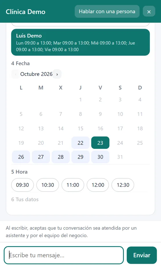 Calendario del chat web con los días que tienen cupo y las horas libres del doctor