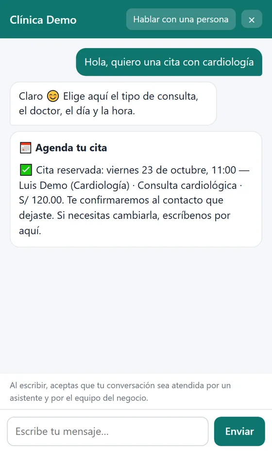 Chat web con la cita reservada: día, hora, doctor, consulta y precio