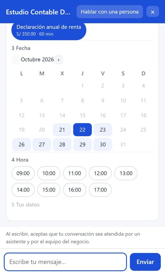 Calendario del chat web con los días con cupo y las horas libres de la sede