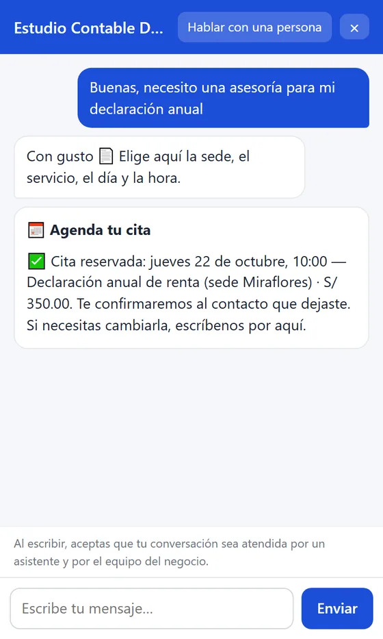 Chat web con la asesoría agendada: día, hora, servicio y sede
