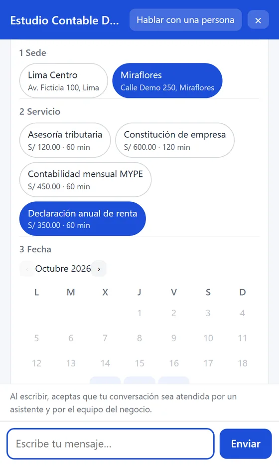 Chat web de un estudio contable en el celular: la persona elige la sede y el servicio