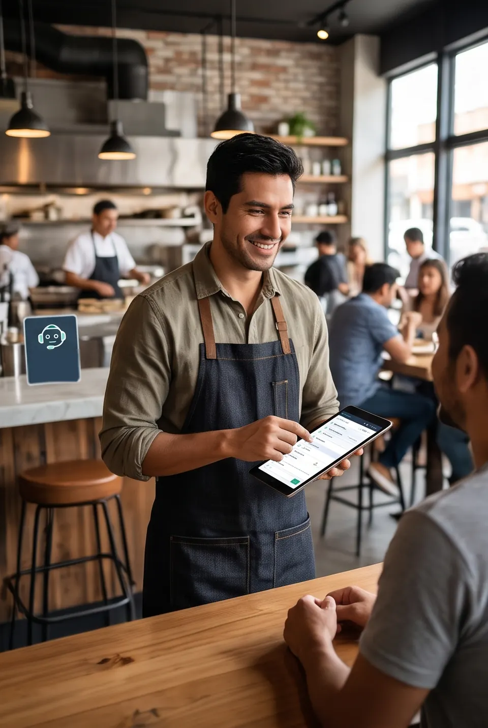 Mozo de un restaurante tomando el pedido de un cliente en una tablet