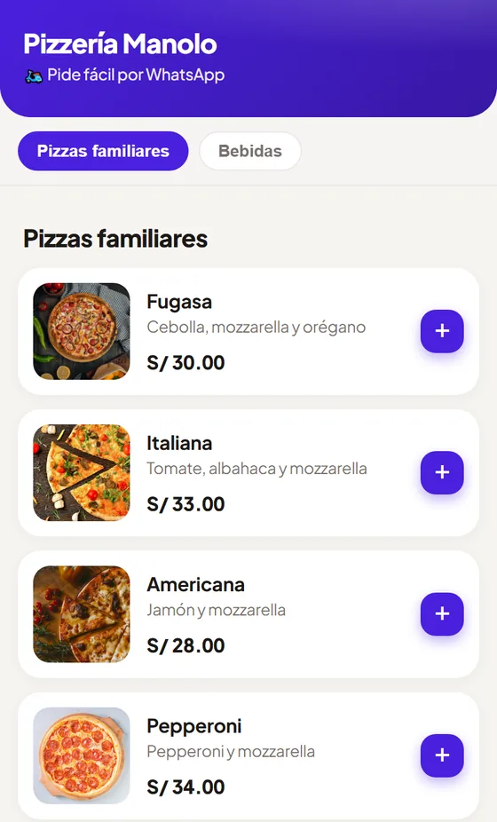 Carta web de una pizzería abierta en el celular, con pizzas y precios