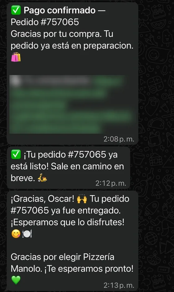 Mensajes de WhatsApp: pago confirmado, pedido listo y pedido entregado