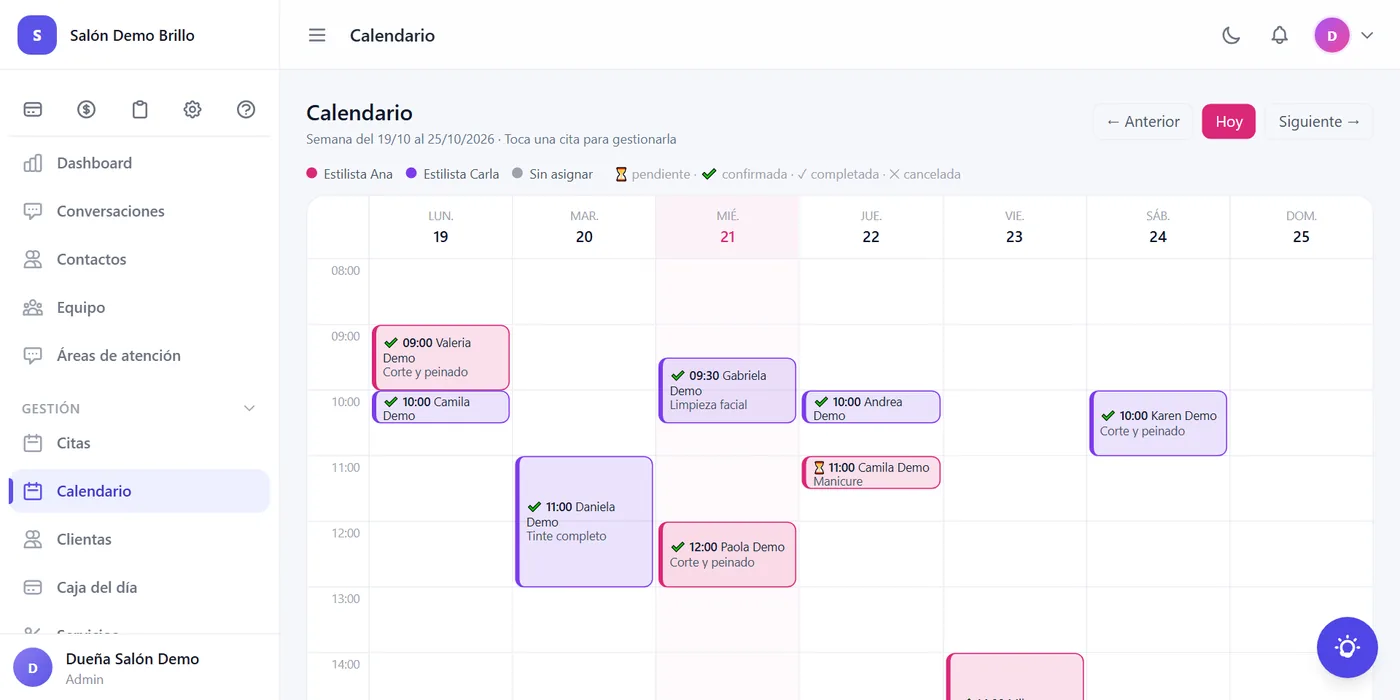 Calendario del salón en NSA con las citas de la semana