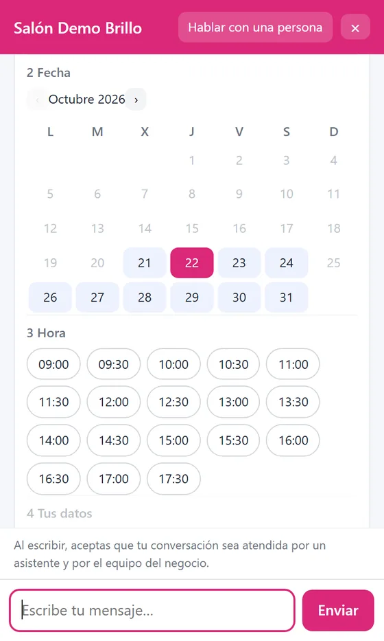 Calendario del chat web con los días con cupo y las horas libres del salón