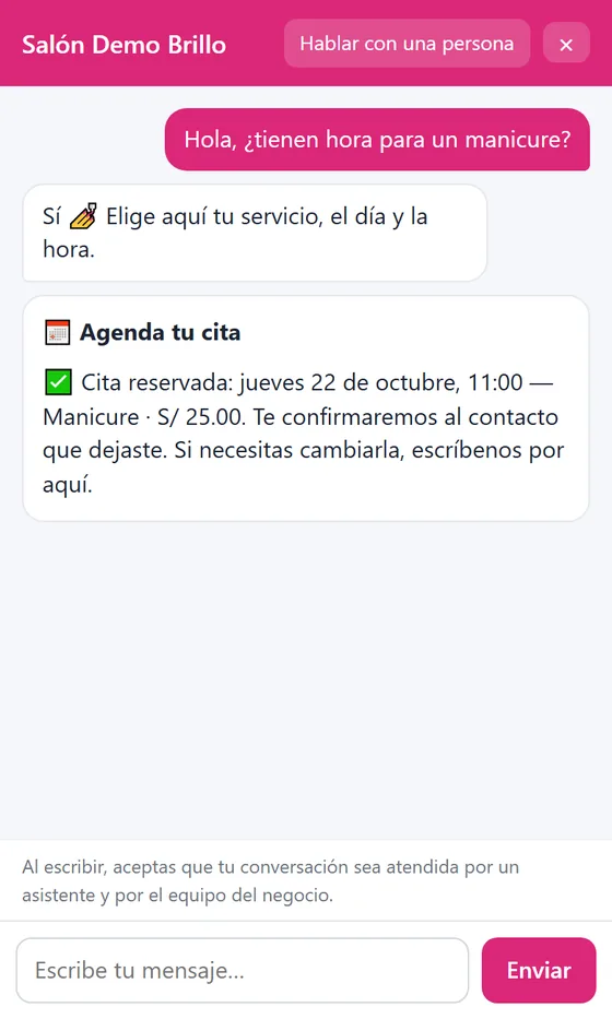 Chat web con la cita del salón reservada: día, hora, servicio y precio