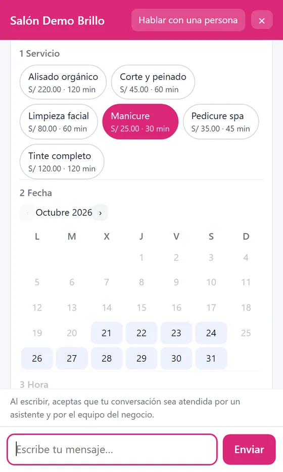 Chat web de un salón en el celular: la clienta elige su servicio con precio y duración